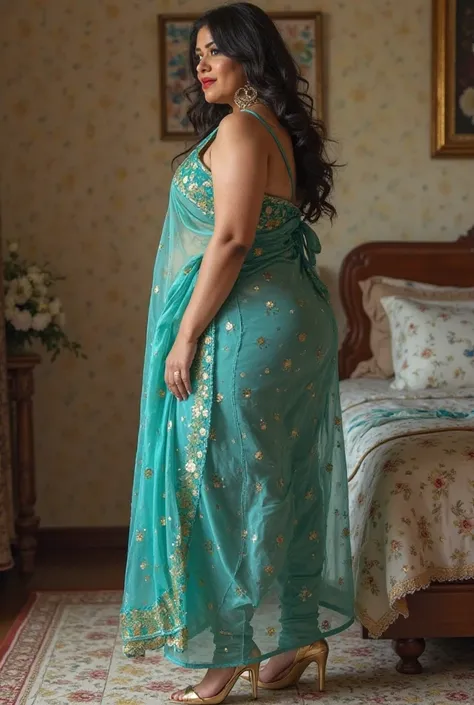 I am 40 year old plus size tall and big giant indian muslim women, looking like indian actress hansika motwani, wearing a gold boarded sleeveless transparent peacock blue silk kurti and shining reflective glossy light green tight leggings,different hair st...