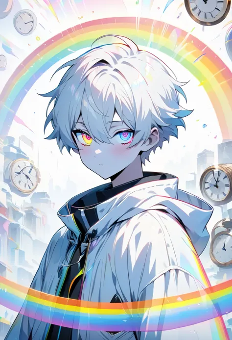 [(WHITE BACKGROUND:1.5)], ((masterpiece)), high quality, ((solo)), ((1 younger boy)), (white color short hair), (rainbow color eye), bright skin, white parka, ((anime style)), (clock rainbow effect:1.3),