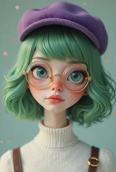 female character,  green hair, purple hat without details,  blue eyes,  round glasses,  white turtleneck blouse .