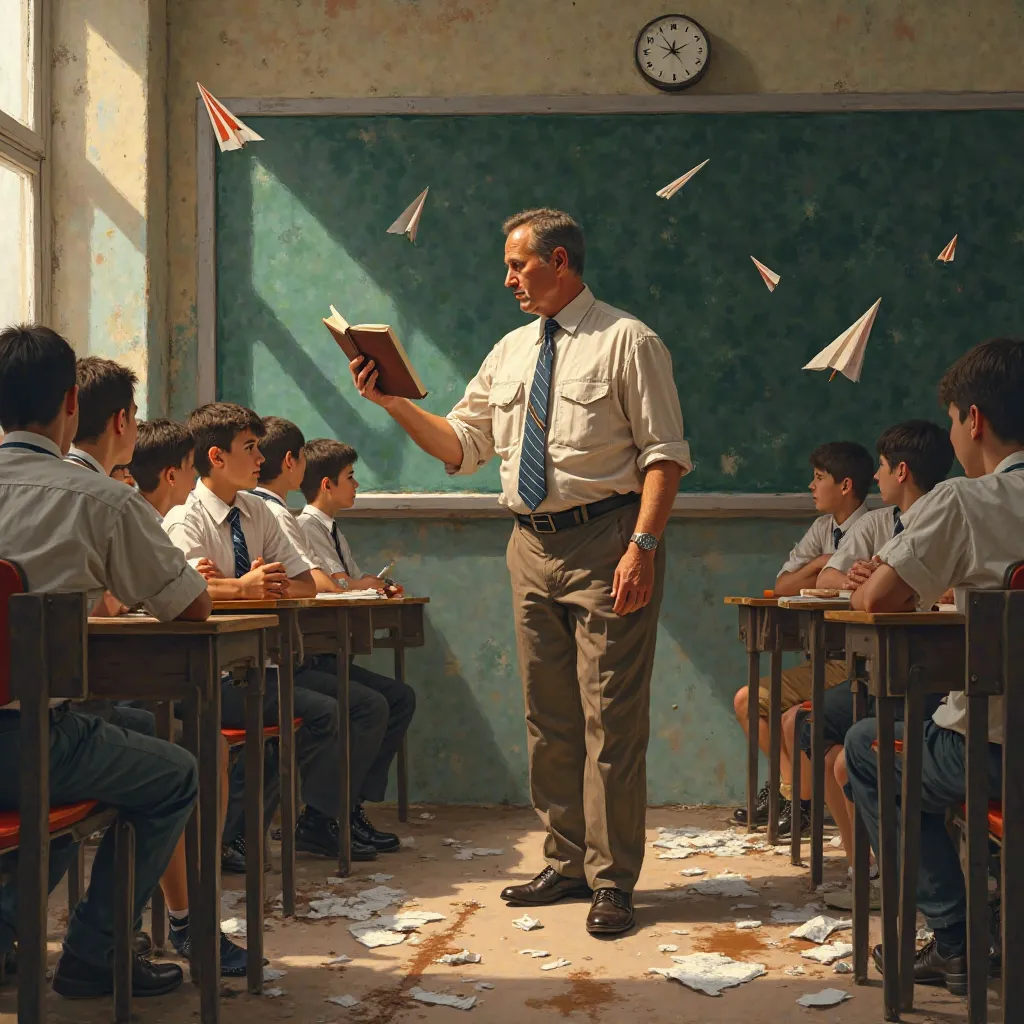 cena:

Teacher in a faded dress shirt (missing button on the collar, coffee stains on the chest) tries to hold a book as paper airplanes cut through the air towards him.

worn tergal pants (faded at the knees, patch on the pocket) contrasts with students i...