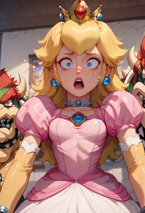 anime screencap,drgbls1, Alone , bowser, man with blonde princess hair, Scared,score_9, score_8_arriba, score_7
Lap,  looking surprised ,  looking surprised , painful expression, Bowser has a woman's face, chichon