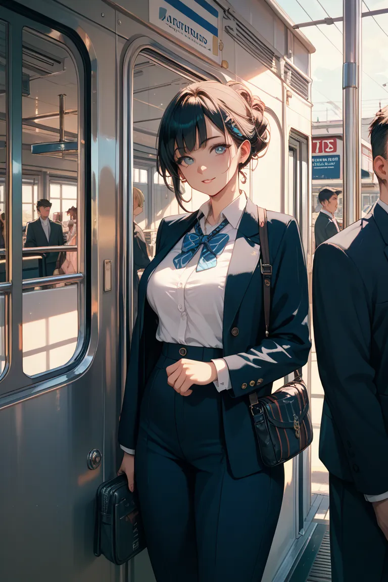 A woman in a suit with her sleeve sandwiched between train doors, 