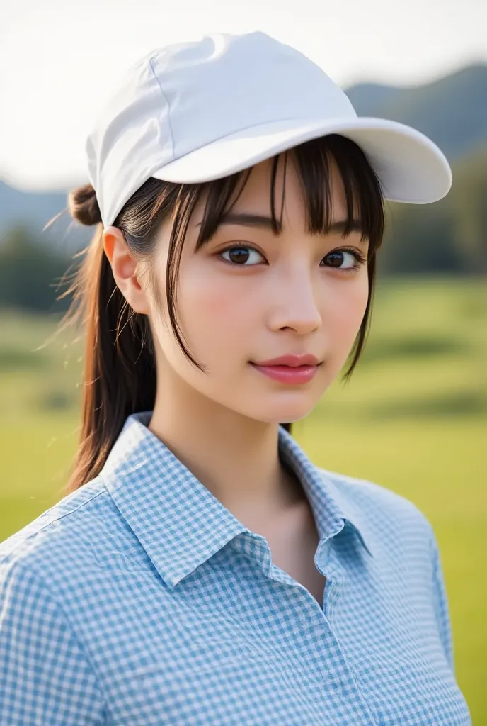 Jang Gyuri, A full-body shot one woman, dynamic angle, golf course, blue and white delicate check golf t-shirts , white golf skirts, light tracing, getting white sun visor, in the foreground, (floating hair:1.1), hot sun, white cap, professional model, (hy...