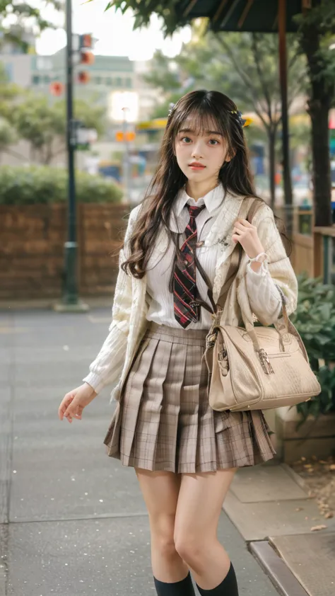 a beautiful 18 year old Japanese high school girl with perfect anatomy, healthy thighs, beautiful legs, beautiful skin, random hair color and style, large breasts, (wearing a Japanese schoolgirl uniform:1.3), (she is standing:1.2), penny loafers, holding a...