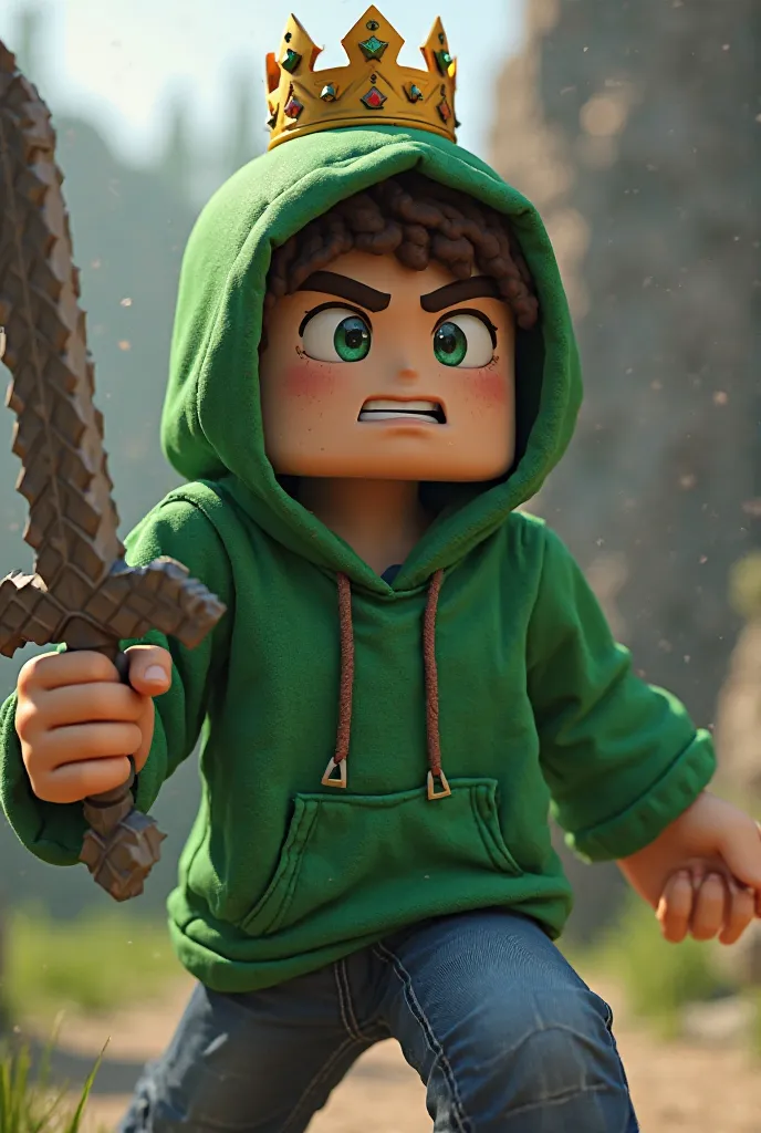 Make my minecraft skin animated,wearing green hoodie with crown,holding iron sword