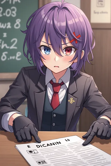 An Anime Style Boy with Purple Hair Straps Sky Blue,  RED EYES, with Round Lenses and a Red Cross Brooch in his hair, dressed in formal clothes, wearing Dark Gloves at a school With an Annoying Expression While pointing to some documents on a table 