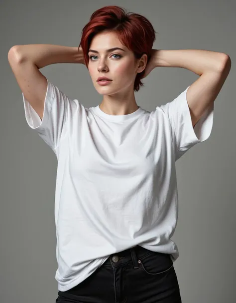 A captivating photorealistic portrait: a woman with a vibrant crimson pixie cut, piercing sapphire eyes, and a sculpted physique, clad in an oversized, crisp white tee and dark wash black jeans, hands casually behind her head, isolated against a subtly tex...