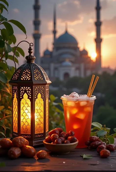 "A powerful and symbolic scene representing the Pillar of Islam—fasting during Ramadan. In the foreground, a large, intricately designed lantern with soft golden light emanates from within, symbolizing the spiritual enlightenment and discipline of fasting....