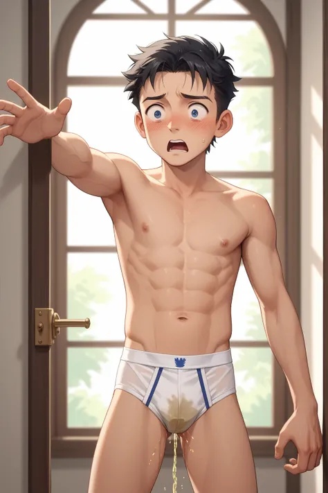 Solo, High Resolution, Masterpiece, shocked, embarrassed, Morning class room, 20 years old, young adult slender and mascular man in his white briefs. Black hair, Classic briefs.fly front Tighty whities, front open tighty whities, Six pack muscle, he is pan...