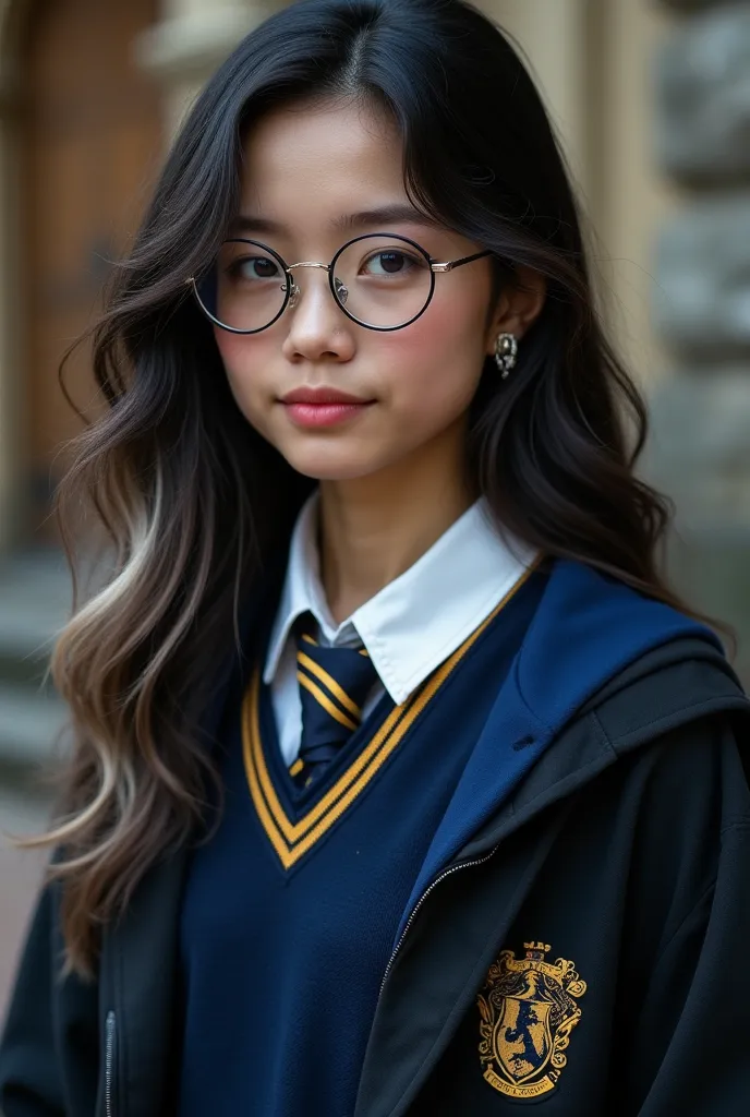 A  old Hogwarts student. 1/4 Asian and 3/4 white. Light freckles and round chic glasses. Nose septum and piercing and many ear piercings. Dark hair wavy hair with the underside being a silvery blonde. She is a ravenclaw wearing a Hogwarts uniform