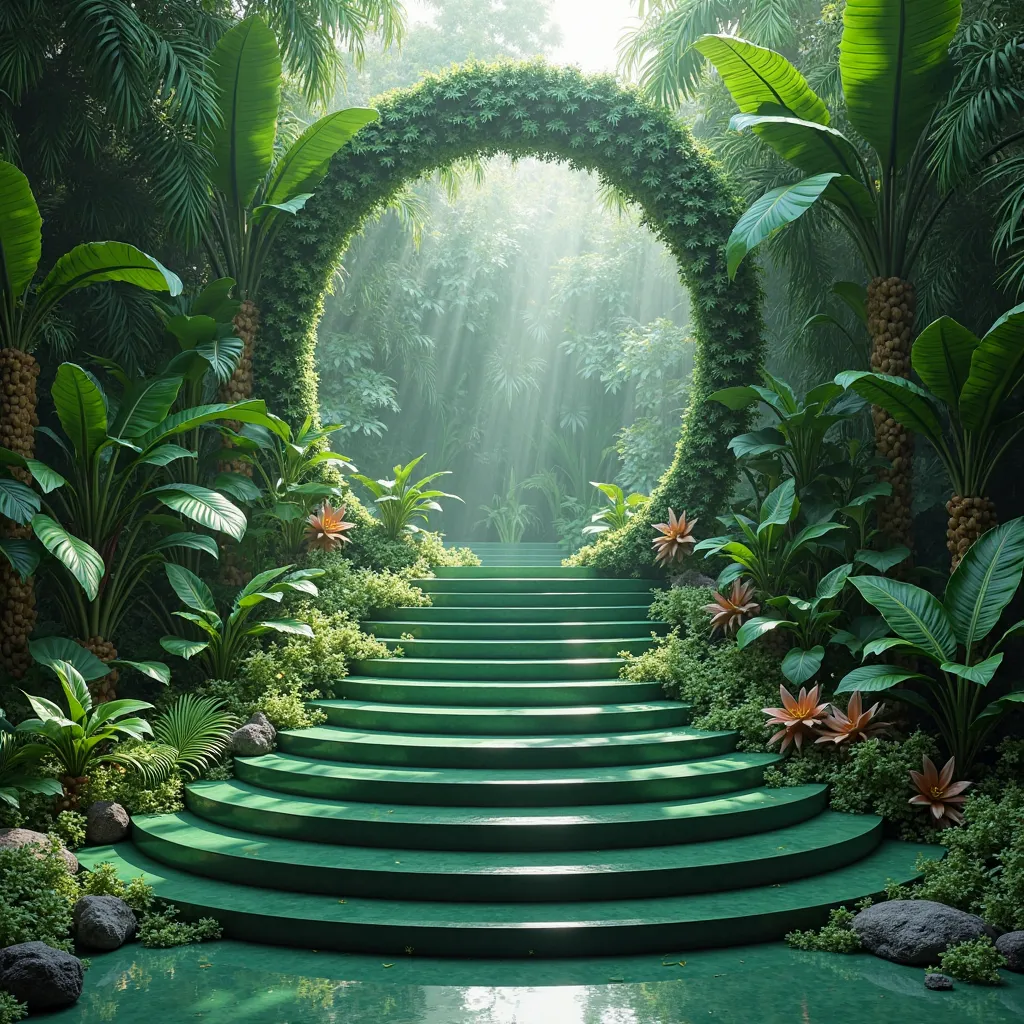 "Create a luxurious, modern green podium with multiple circular steps leading to a large round frame in the background. The scene should have an elegant, botanical atmosphere, surrounded by lush tropical plants. The lighting should be soft and moody, highl...