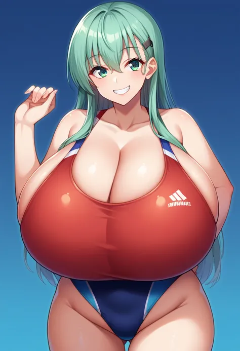  score_9,  score_8_up,  score_7_up,  source_anime, Suzuya (fleet this), hair clips, 1 girl, looking towards the viewer,Alone,  popup,too big chewy boobs,hyper breasts, smile,Close Your Mouth, Aquatics,competition swimsuit,front,cowboy shot,put your hands o...