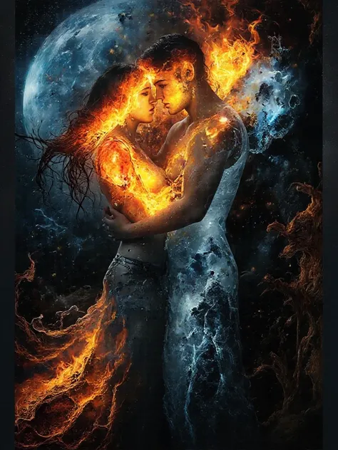 A stunning digital masterpiece painting depicting a passionate embrace between a man, physically perfect body, muscular body frame,(full body shot)engulfed in fiery orange and red fire and a woman in a fiery white and blue ice, physically perfect body, mus...