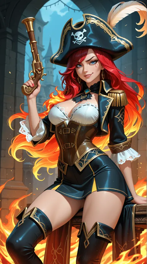 Miss Fortune from League of Legends has long, flowing, fiery red hair that cascades down her back in voluminous waves, often with a few strands framing her face. Her eyes are a striking shade of green or blue, giving her an intense and captivating gaze. Sh...