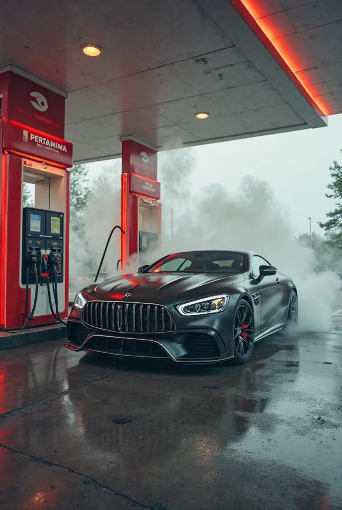 Hyperrealistic photo of a luxury car appears to fill up with petrol at a refuelling station with red and white buildings inscribed "Pertamina" 
But after filling up with petrol instead of relenting instead the engine broke down 
Smoke billowed from the fro...