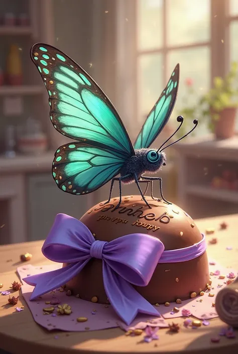 Animated butterfly making chocolate logo with a bow around the logo in purple color