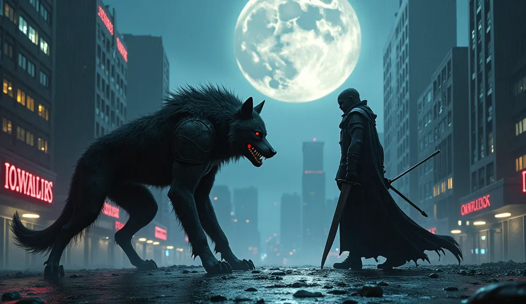 "A dark, gothic cityscape under the glow of a massive full moon, where rain-soaked rooftops and towering skyscrapers set the stage for an ancient war. In the foreground, a powerful werewolf with sleek, battle-scarred fur and glowing eyes crouches, ready to...