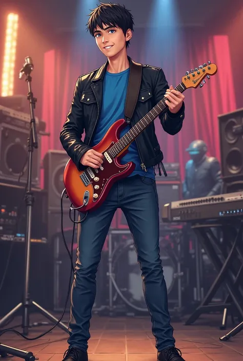 Darién handsome adult man anime smiling blue eyes SHORT BLACK HAIR denim pants blue t-shirt fringed inside the pants black vinyl leather jacket black boots ,  standing playing the electric guitar rehearsing for his concert,Full body anime style, in the bac...