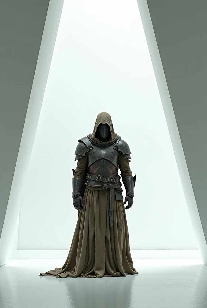 A shabby figure wearing plate armor, a robe, and a helmet in a tetrahedral white room.