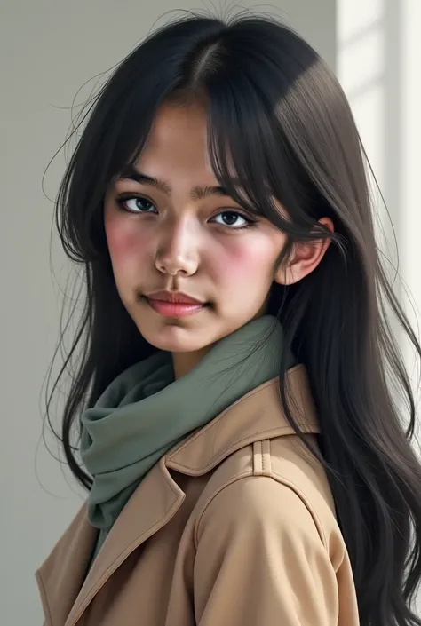 Beautiful Japanese girl with long hair with a smile wearing a coat, a scarf, a full body Realistic image