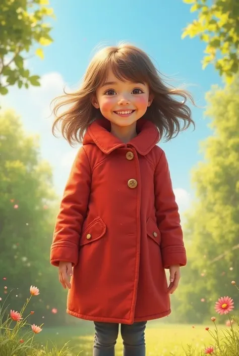 "A cheerful young girl, Lily, wearing a bright red coat,