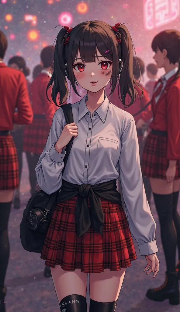 Girl with hair and small black pigtails on her face is painted with black lines wearing red and black plaid miniskirt, white shirt tied, black painted lips,  black combat boots , around their waist a black tied sweatshirt with a black bag hanging on one si...