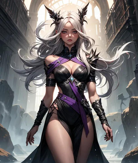 The overall aesthetic must be anime-style, dark and dreary with realistic tone and sharp  detailscaramel brown skin, ravishing and otherworldly beauty, Two-Toned color hair(primary: black, secondary inner color: silver), amethyst purple eyes, sharp facial ...