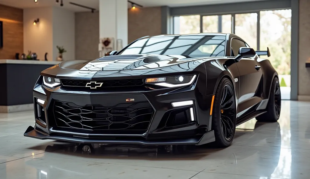 Realistic of futuristic 2025 Chevy Camaro Z28, with modification, good looking, bright black color, front left view, parked in luxury showroom 
The background features a contemporary showroom setting with polished floors and natural light, enhancing the ca...