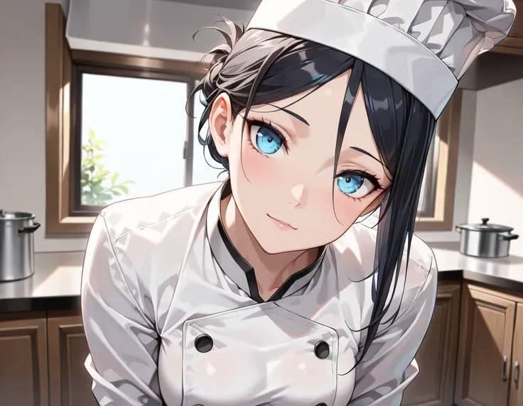 (ultra detailed, absolutely resolution, best quality:1.3), 2.5D, (masterpiece:1.2, highest quality),highest quality,(detailed eyes), (detailed face:1.2), beautiful women ,slender, solo,(thick thighs:0.8), (chef),