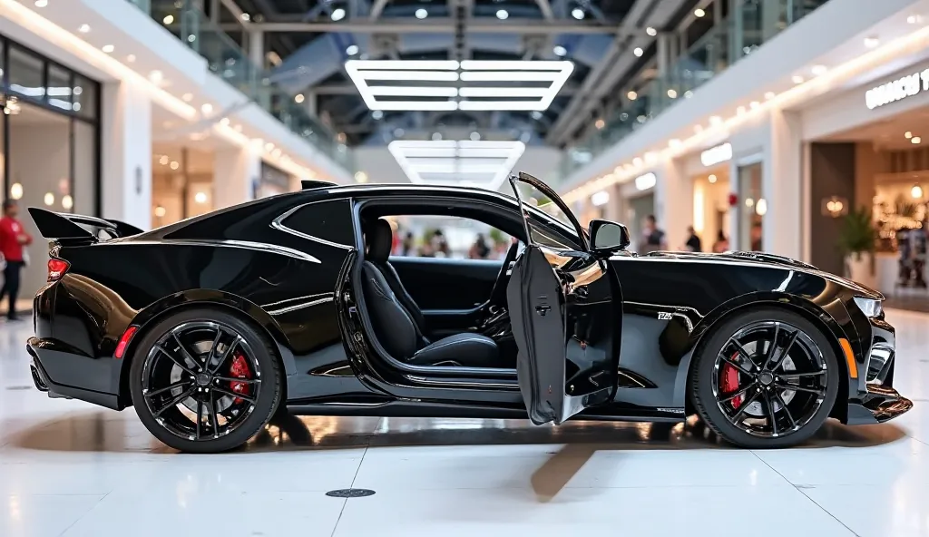 A  door open view photo of a Atlas black 2025 Chevrolet Camaro Z28with a sleek, full modified, modern design. The car is parked on a white surface. The background is a shopping mall with white lights. The photo reveals the luxurious interior. The overall a...