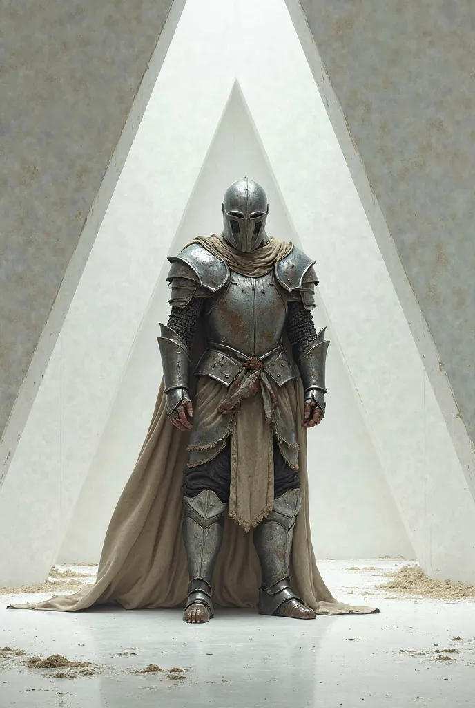 A shabby figure wearing plate armor, a robe, and a helmet in a tetrahedral white room.