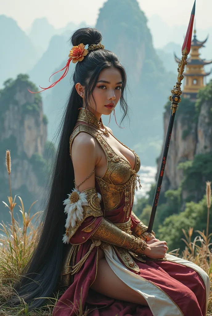 Close up,front view of the black mythical film character Wukong, a beautiful young woman and knight,ideal perpect body, ideal big breast, long elegant black hair bun, with beautiful flower decoration, wearing sexy and elegant slim fit colossal and epic Chi...