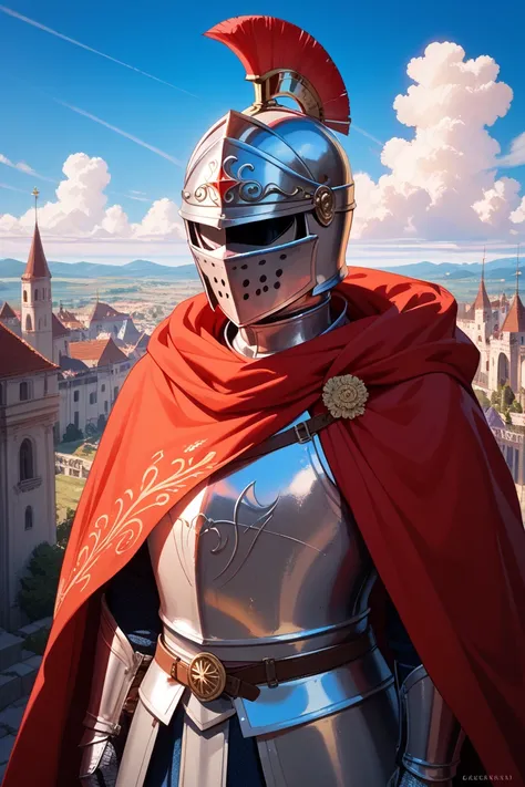 The knight in a red cloak wearing a helmet　 real 　blue sky　