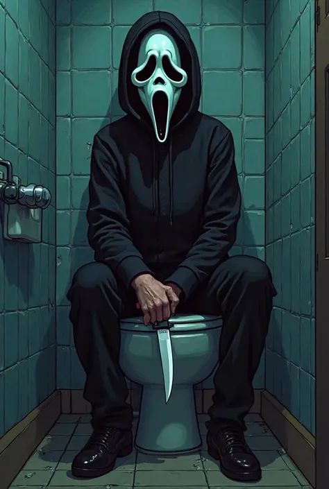 Ghostface from the horror movie scream female sitting on the toilet Ghostface with knife in hand cartoon 