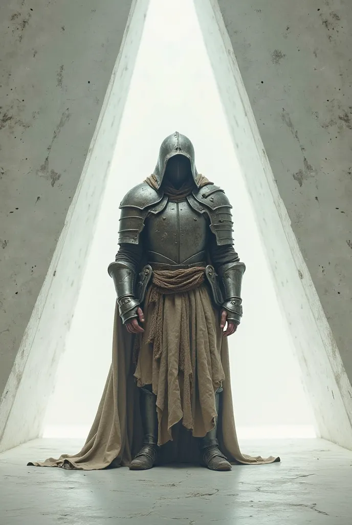 A shabby figure wearing plate armor, a robe, and a helmet in a tetrahedral white room.