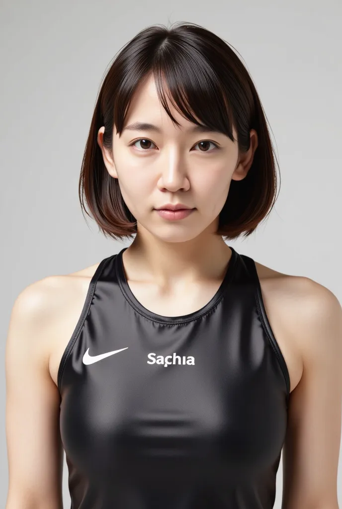 volleyball player uniform, black shiny wear、big chest short hair, ((brown hair)),  The cute Japanese wife of , (Big Breasts), (((realistic))), (((Hi-Res)). Look at the camera from an upper body angle