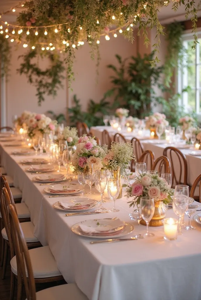 The venue would likely be soft and romantic, perhaps a beautiful garden, a vintage-chic barn, or an intimate outdoor space with twinkling lights strung overhead. Think of an elegant, almost ethereal setting—maybe even a charming countryside estate or a coz...