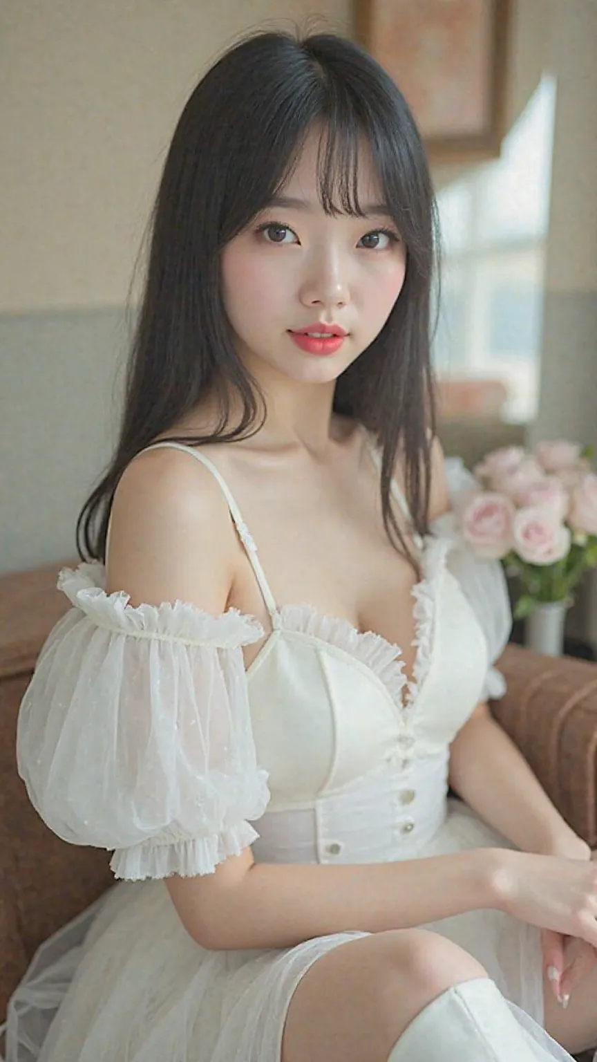 full body,19 Year Old Japanese Woman Taking Selfies with iPhone, japanese,Korean style beauty,Young face,Small face,Transparency, pure white skin,gray eyes,cute,idol,Idol,portrait, model,LONG STRAIGHT HAIR, quick bangs, glossy black hair,big breasts,Gloss,...