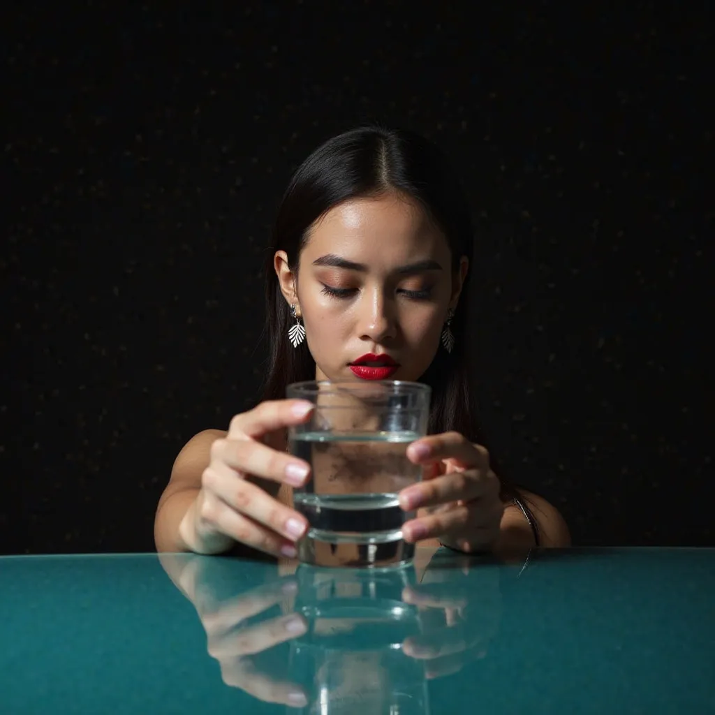 A young woman,  of fair skin, is placed in the center of the frame,  slightly inclined towards the viewer . looking down, with the face partially obscured by a glass of clear water held in front of her. The reflection of her face is visible in the water, w...