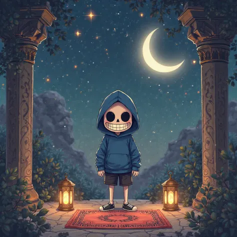 Still anime the character of Sans from Undertale while he is in a place where he is going to Ramadan