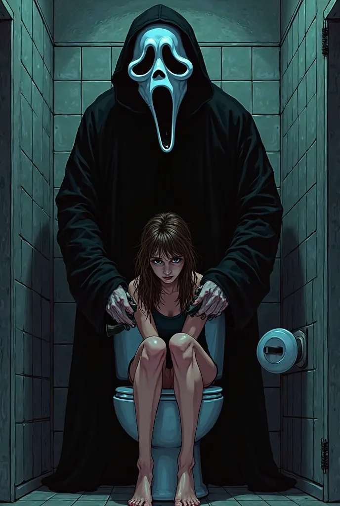 Ghostface from the horror movie scream female sitting on the toilet Ghostface with knife in hand standing cartoon 