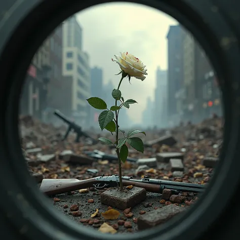 New York a Noite;  A white rose , destroyed, Emergence from the rubble ,  firearms on the ground; Lens In the foreground; ao fundo uma cidade destroyed. Fire smoke in the background. view from bottom to top. (best quality, 8k, high resolution, masterpiece:...