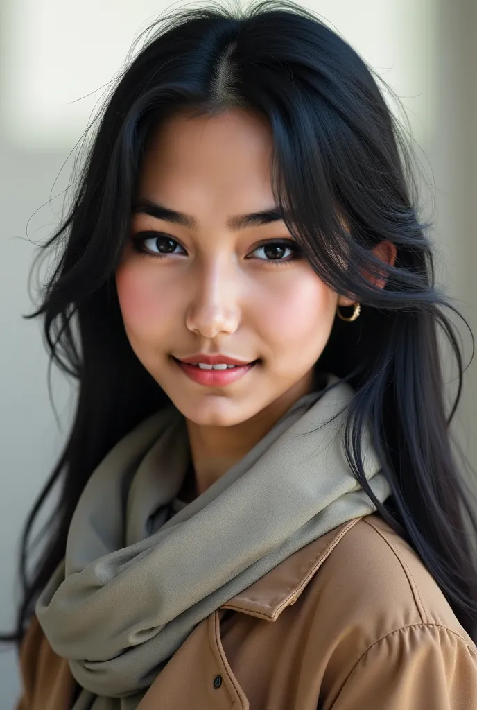 Beautiful Japanese girl with long hair with a smile wearing a coat, a scarf, a full body Realistic image