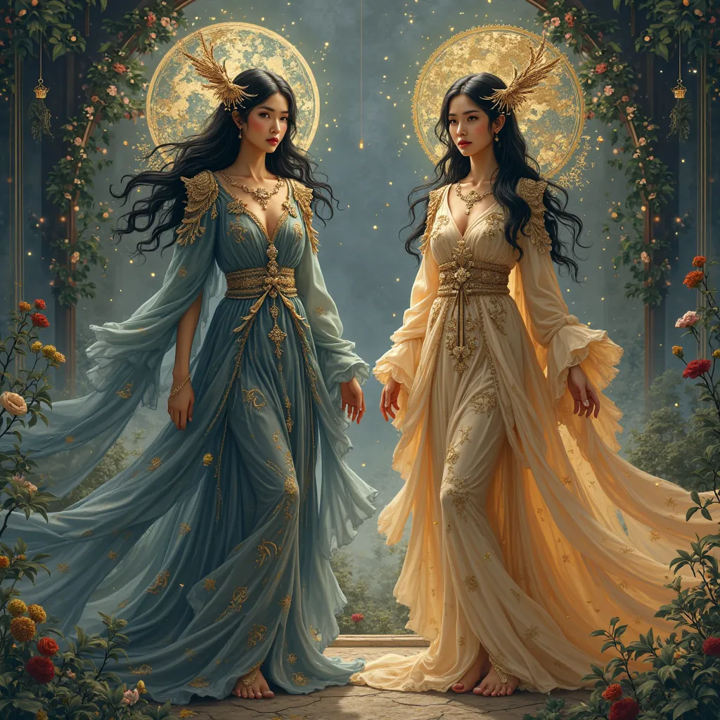 "A realistic illustration of two beautiful Asian women representing the months of March and April, dressed in symbolic outfits inspired by their respective zodiac signs, with visible zodiac symbols incorporated into their clothing. The woman for March wear...