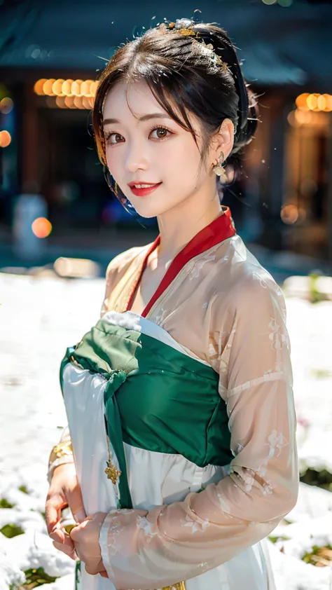 (1 girl, like々しいゴージャスなレディー,  brown_eye, brown_hair, cross_earrings, earrings,  jewelry, ancient China, Traditional Hanfu, Silk Hanfu, Hanfu, natural pose in a snowy night,  

 beautiful face with attention to detail ,  exquisite facial features , beautiful...