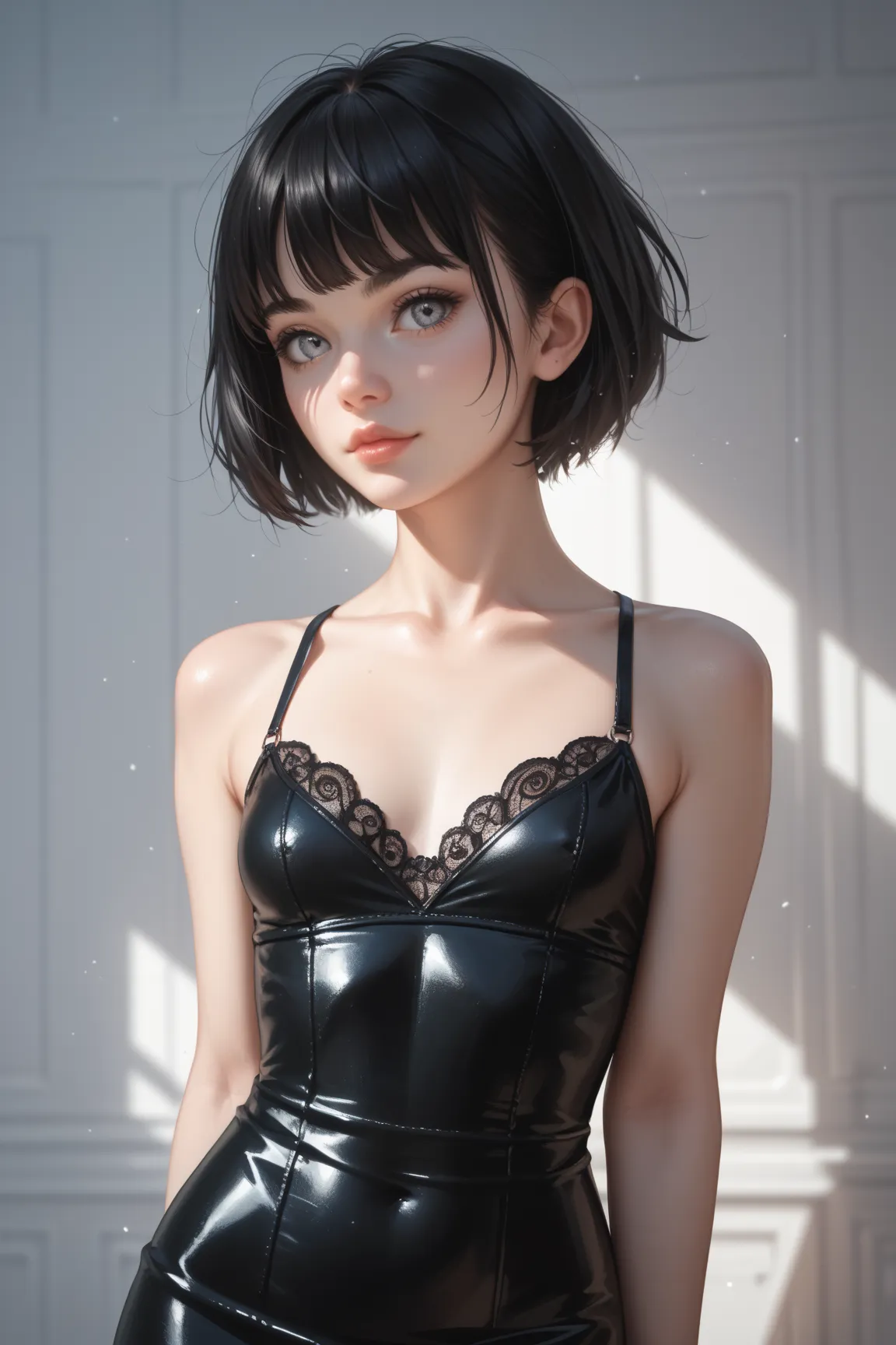 skinny Girl ,  Black hair ,  short hair,  grey eyes,  small breasts ,  wide hips, short black dress