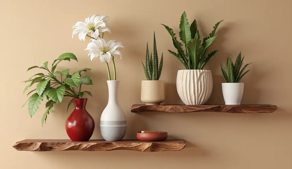 three distinct wooden shelves with a natural, rough edge, displaying a variety of potted plants and decorative items set against a muted, sandy-colored wall; the shelves are rich brown with subtle golden undertones, while the plants range from vibrant gree...