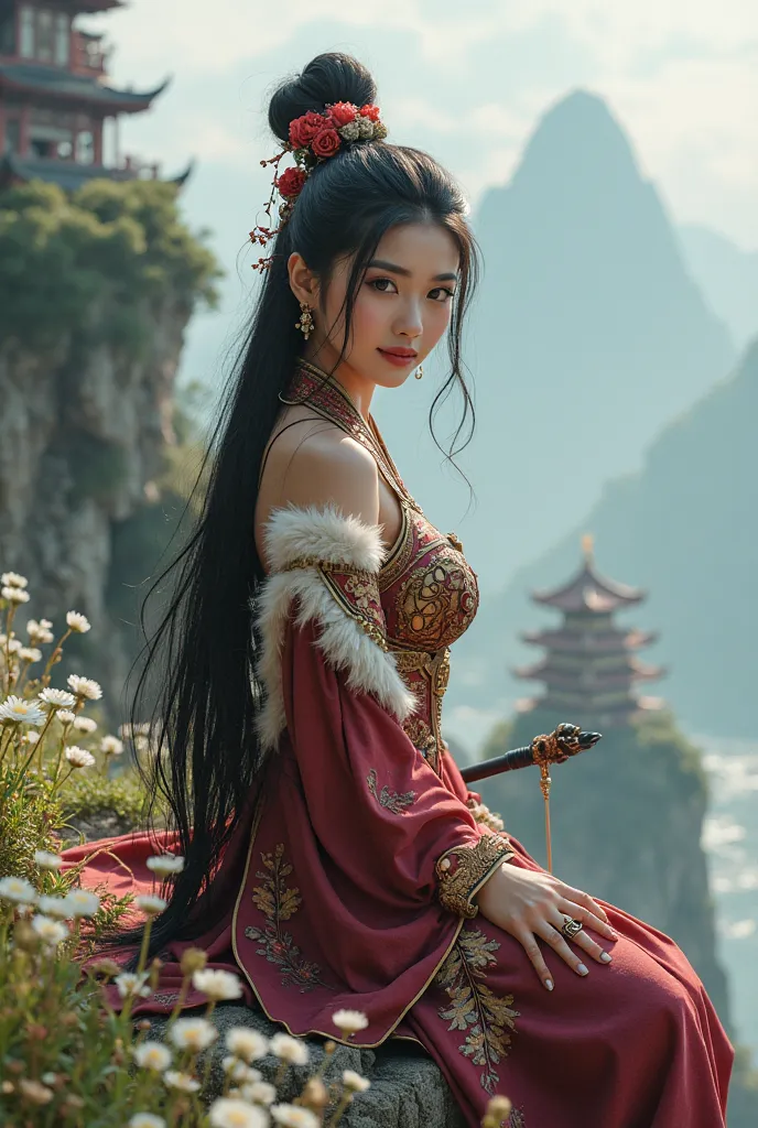 Close up,front view of the black mythical film character Wukong, a beautiful young woman and knight,ideal perpect body, ideal big breast, long elegant black hair bun, with beautiful flower decoration, wearing sexy and elegant slim fit colossal and epic Chi...