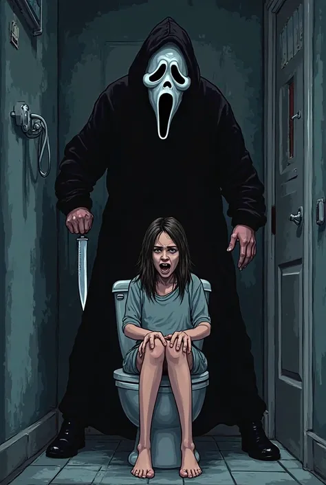 Ghostface from the horror movie scream female sitting on the toilet Ghostface with knife in hand standing infront of her cartoon 