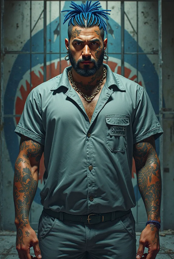 Handsome Chinese fat guy name noyyan.he hair blue colour and cornrow style.he have a lot of tattoo.he is wearing prisoner coverall.he stand at fron of jail.have shark paint in background logo.